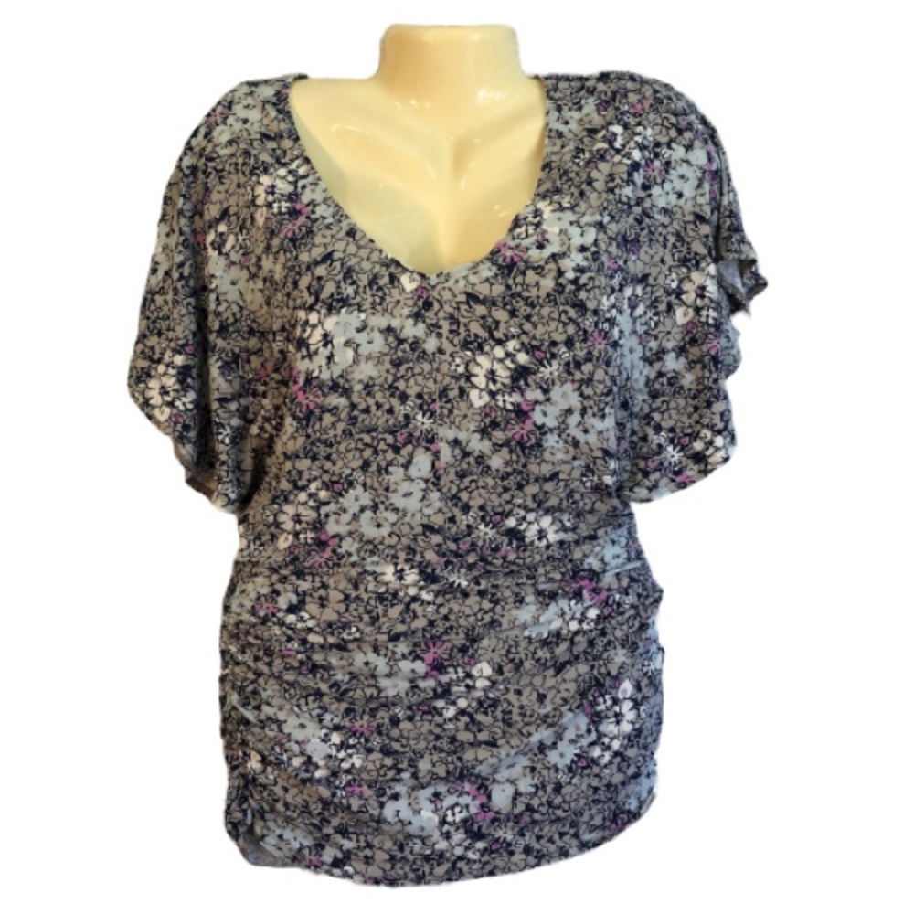 CAbi V-Neck Floral Ruched Flutter Sleeve # 301